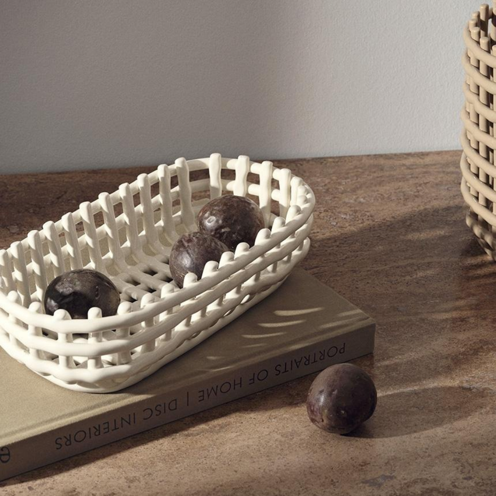 ceramic basket oval off white